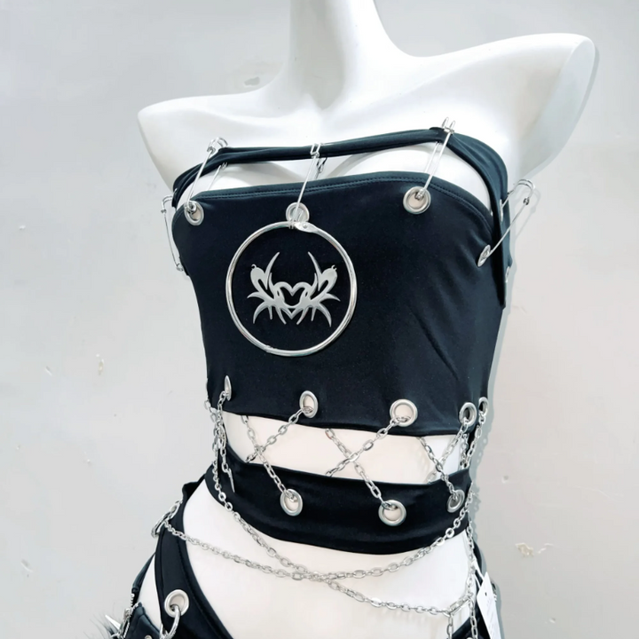 Hollow out metal chain o ring backless tube bodysuit