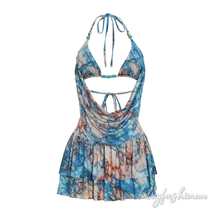 Halter self tie ruched print backless mini skirt set