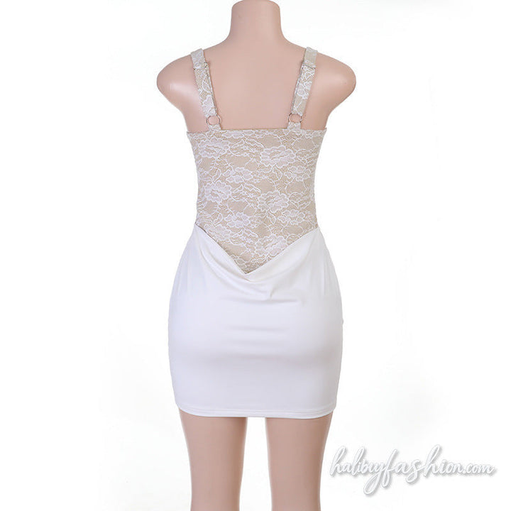 Lace patchwork backless o ring cami mini dress