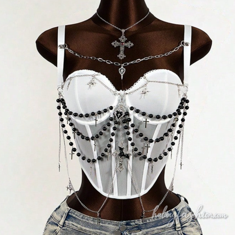 Metal chain beaded corset cami top