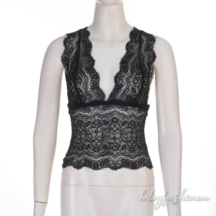 Lace v neck see through solid tank top