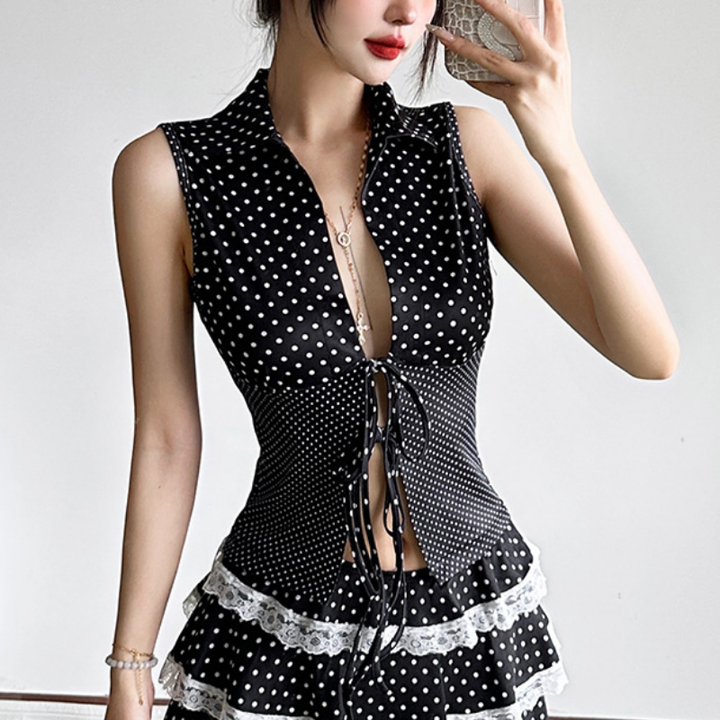 Self tie polka dot hollow out v neck cut out top  | Festival Outfits Women