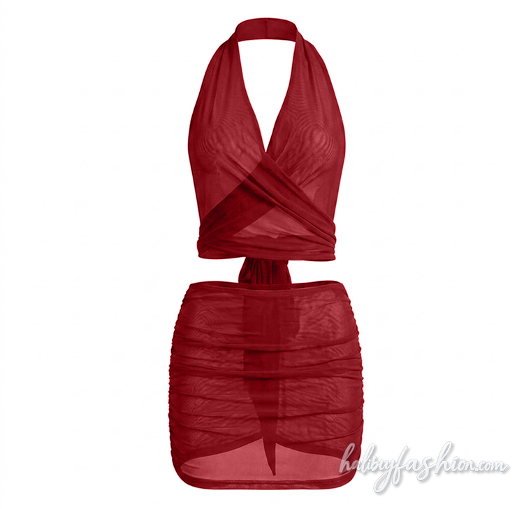 Halter mesh ruched self tie backless mini skirt set