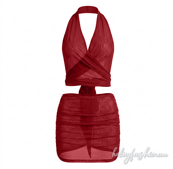 Halter mesh ruched self tie backless mini skirt set