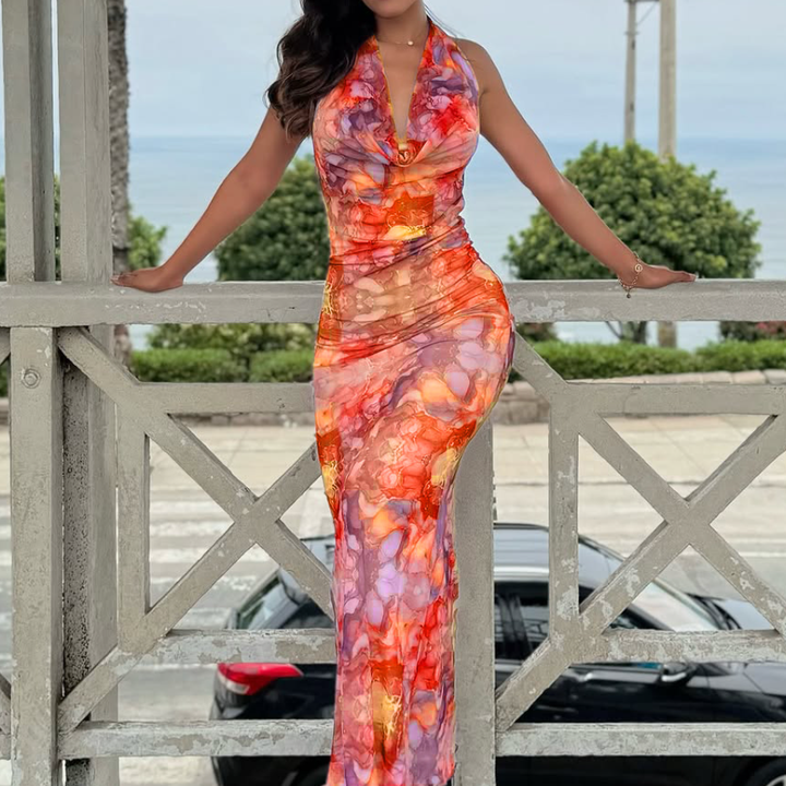 Cowl neck halter self tie print mesh maxi dress  | Festival Outfits Women
