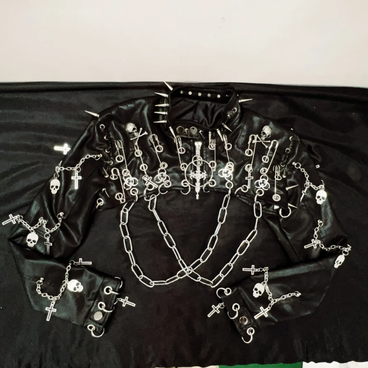 Long sleeve rivet PU leather o ring metal chain belt top  | Festival Outfits Women