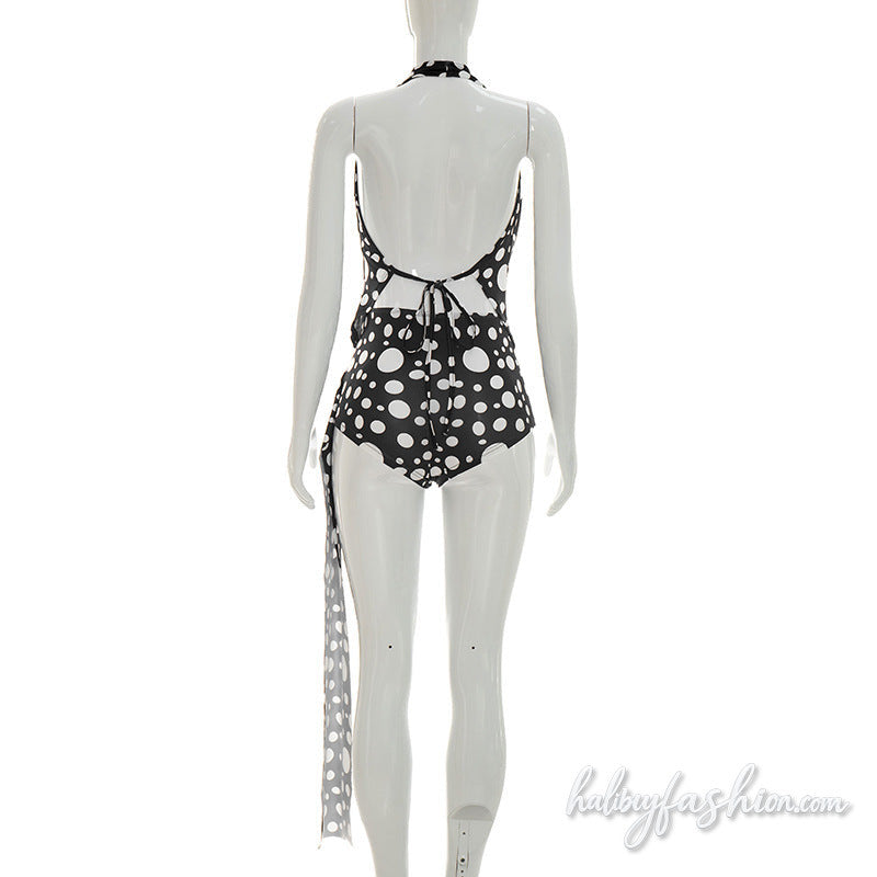 Halter self tie polka dot cowl neck pant set