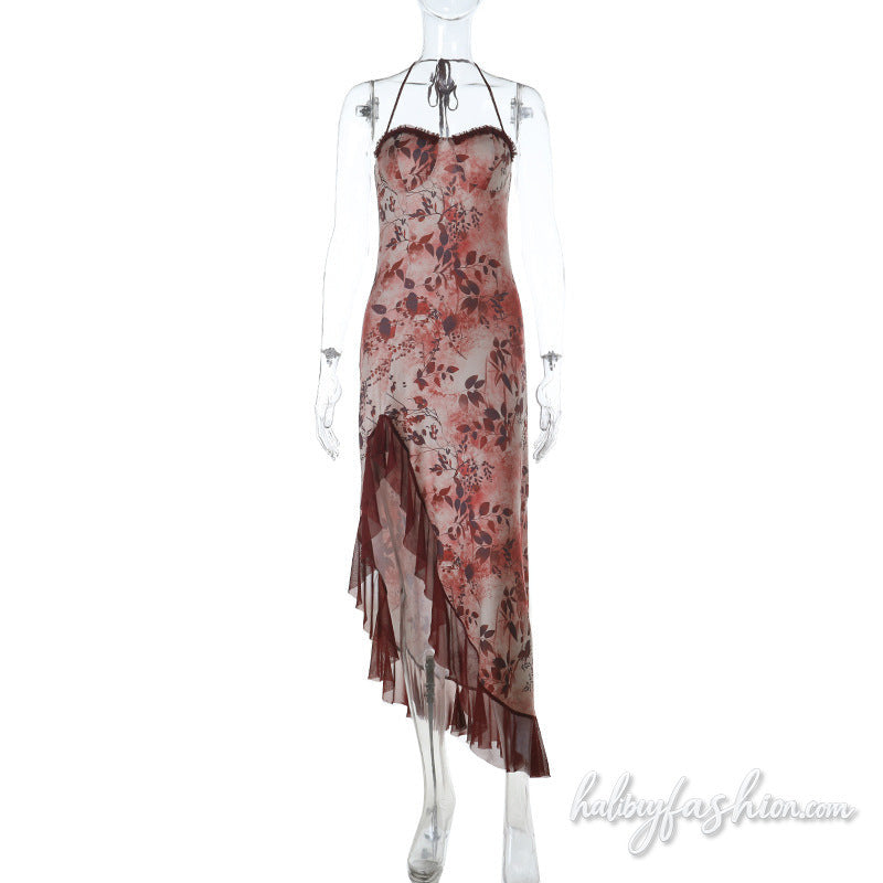 Irregular ruffle lace halter self tie maxi dress
