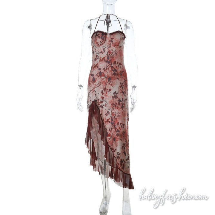 Irregular ruffle lace halter self tie maxi dress