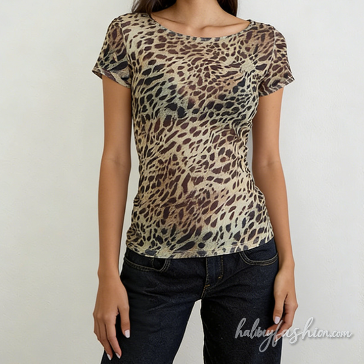Short sleeve crewneck print sheer mesh top