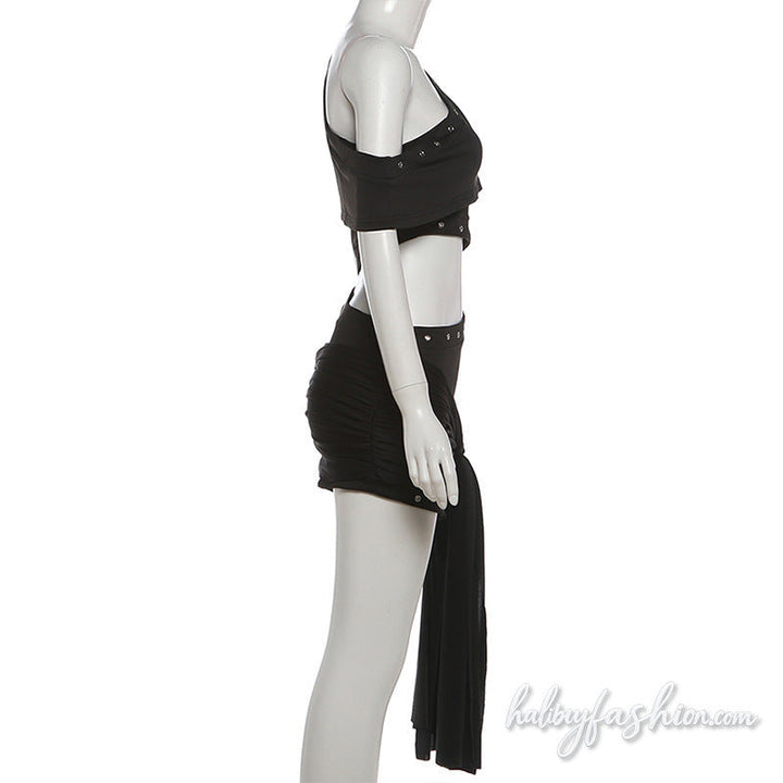 One shoulder irregular hollow out solid mini dress