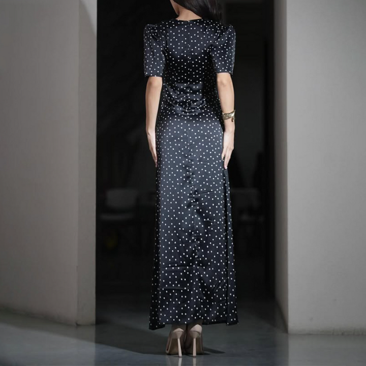 Polka dot short sleeve v neck lace hem maxi dress  | Festival Outfits Women