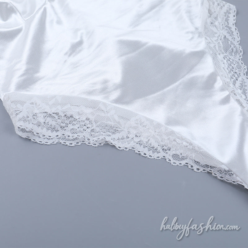 Lace hem satin backless solid cami bodysuit