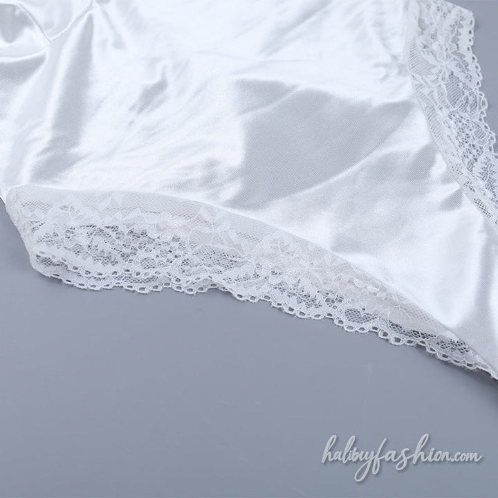 Lace hem satin backless solid cami bodysuit