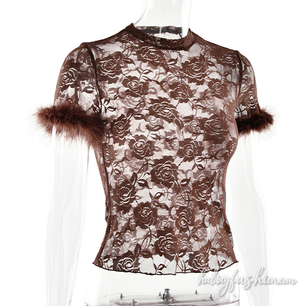 Crewneck short sleeve fluffy lace see through top - Halibuy - 3