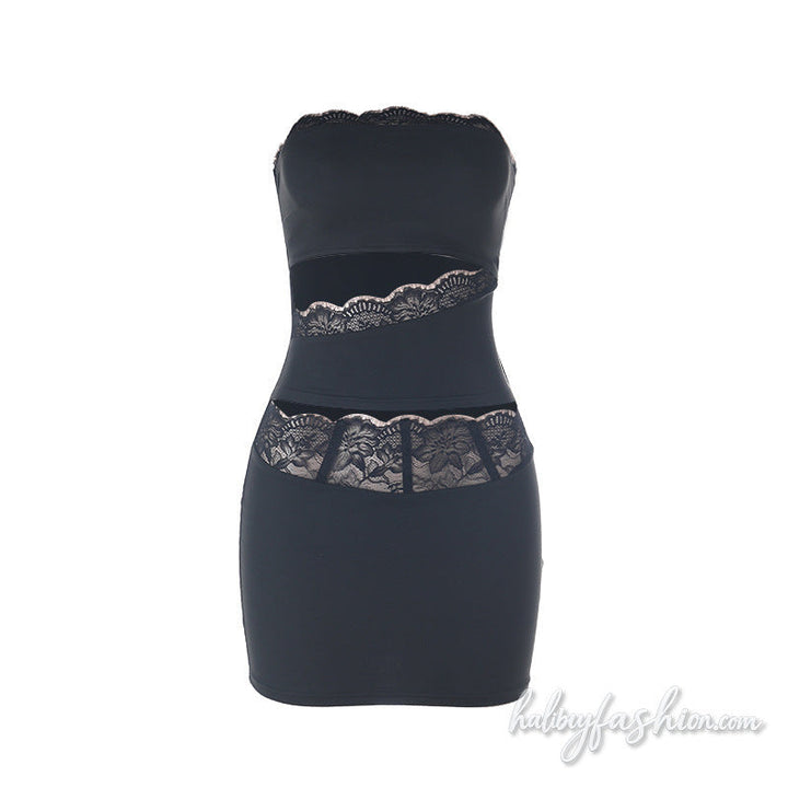 Lace hem hollow out irregular tube mini dress
