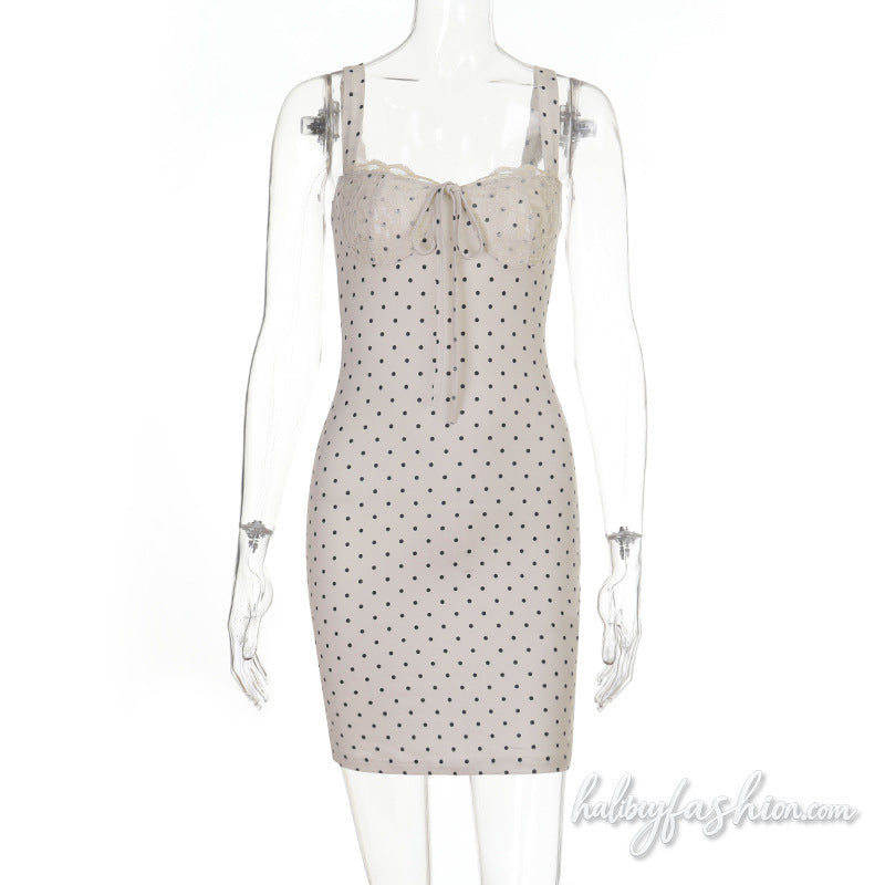 Lace hem self tie polka dot backless cami mini dress