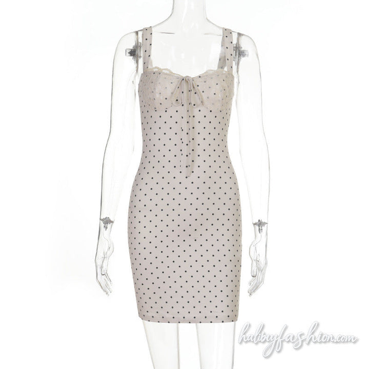 Lace hem self tie polka dot backless cami mini dress