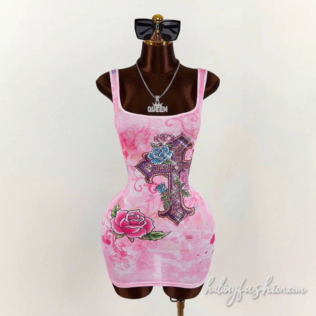 Square neck flower flower ribbed tank mini dress