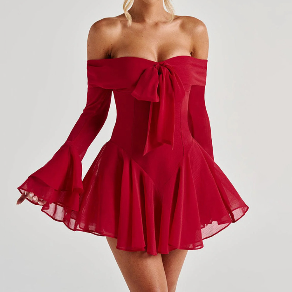 Off shoulder long flared mesh bowknot mini dress  | Festival Outfits Women