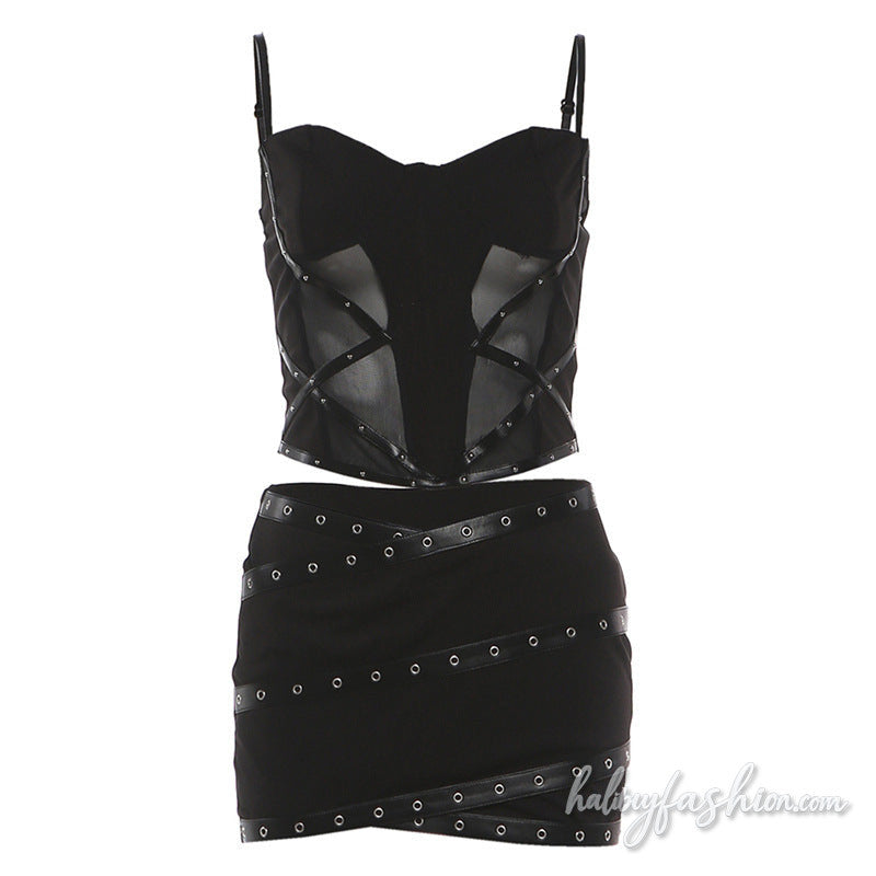 Mesh patchwork PU leather cami mini skirt set