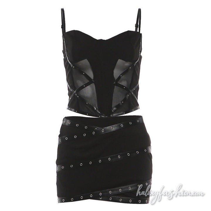 Mesh patchwork PU leather cami mini skirt set