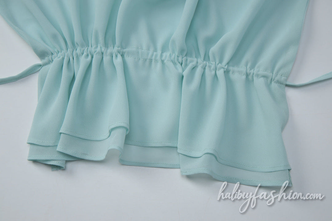 Halter self tie ruched chiffon cowl neck mini skirt set - Halibuy - 7