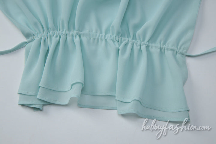 Halter self tie ruched chiffon cowl neck mini skirt set - Halibuy - 7