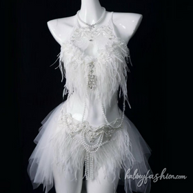 Feather hollow out beaded mini skirt set