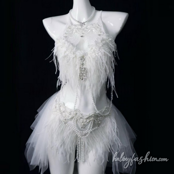 Feather hollow out beaded mini skirt set