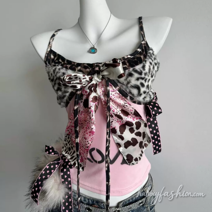 Leopard print bowknot self tie letter pattern cami top