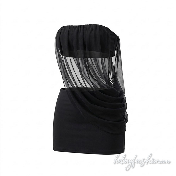 Irregular ruched chiffon tube solid mini skirt set