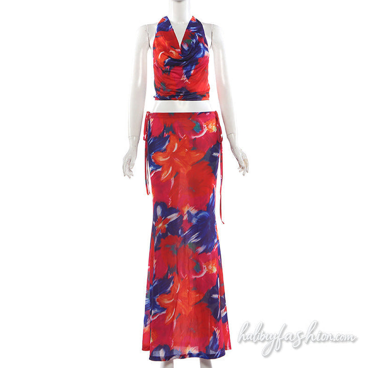 Cowl neck halter self tie print maxi skirt set