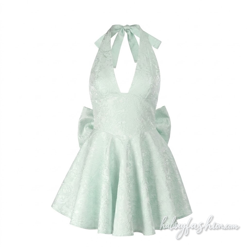 Halter self tie bowknot v neck print mini dress