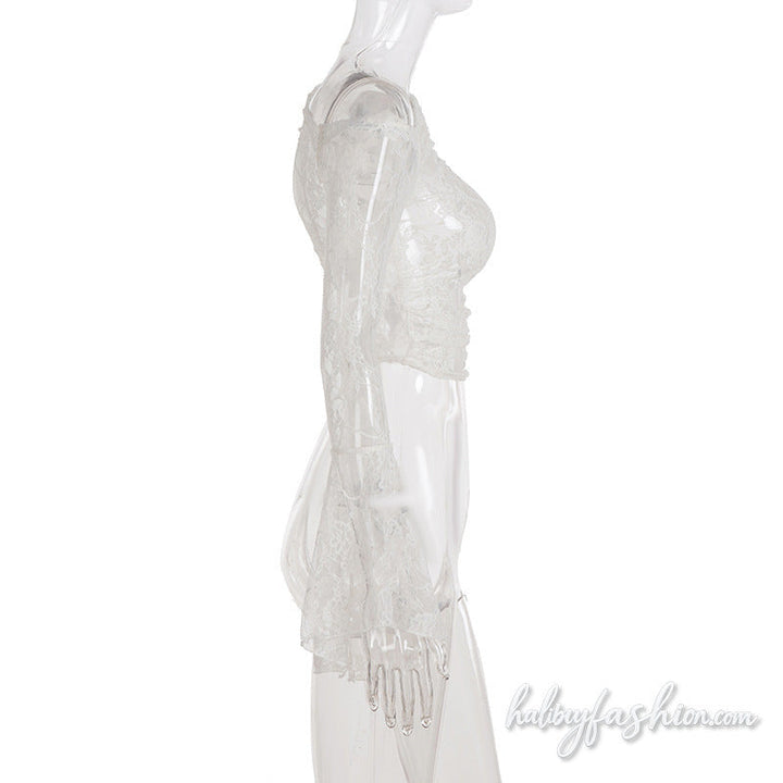 Long flared sleeve lace see through irregular top