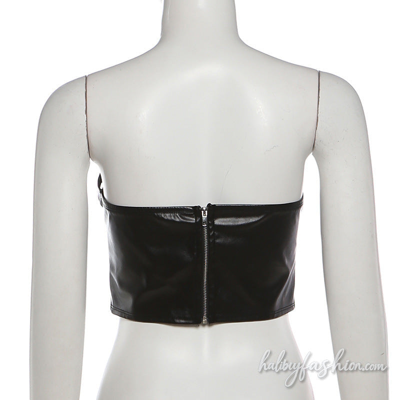 PU leather buckle zip-up tube crop top