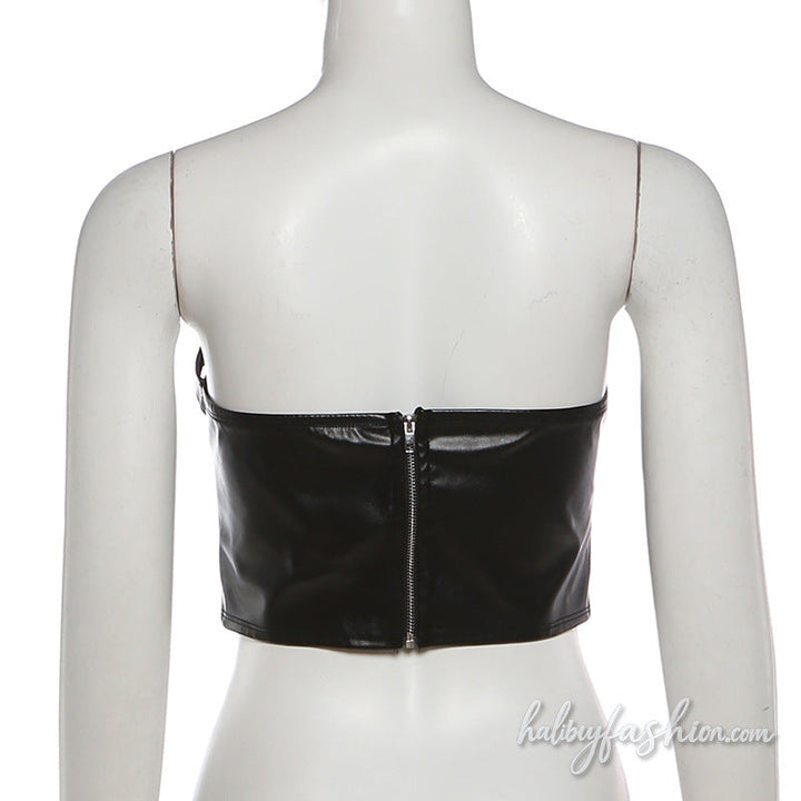 PU leather buckle zip-up tube crop top