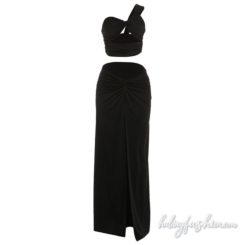 Hollow out one shoulder ruched slit maxi skirt set