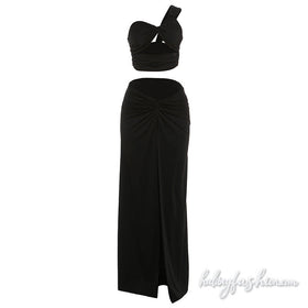 Hollow out one shoulder ruched slit maxi skirt set