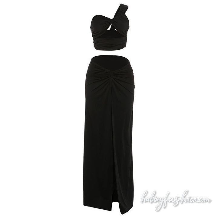 Hollow out one shoulder ruched slit maxi skirt set