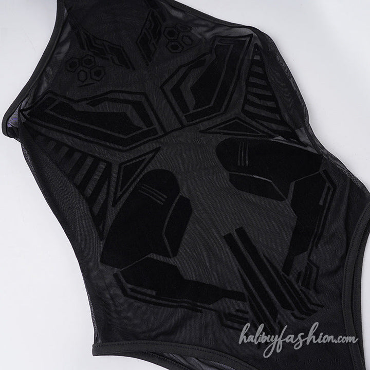 Crewneck mesh button print solid bodysuit