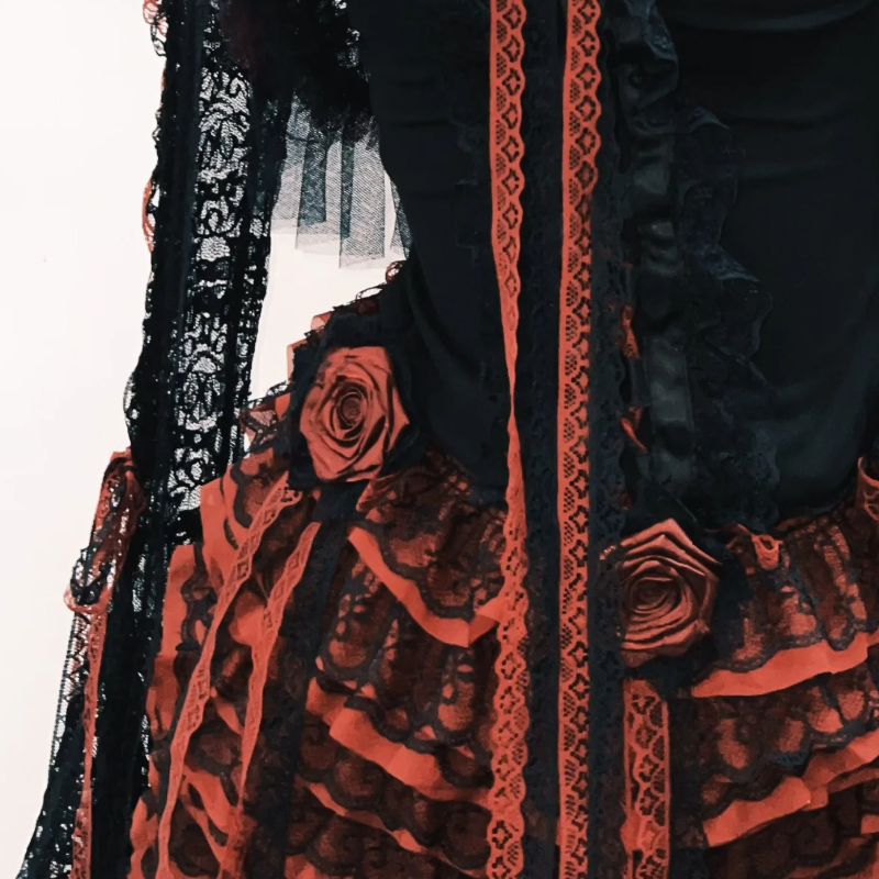 Ruffle long flared sleeve lace flower applique mini skirt set  | Festival Outfits Women