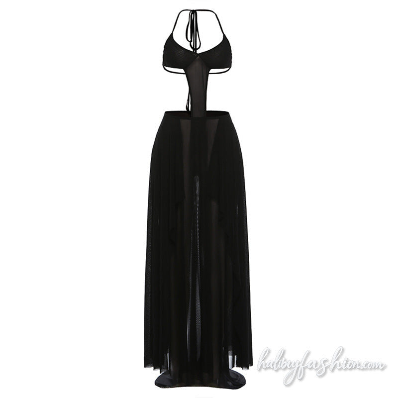 Self tie halter u neck hollow out mesh maxi dress