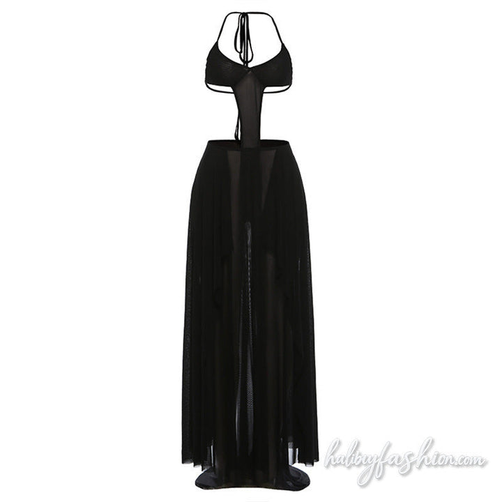 Self tie halter u neck hollow out mesh maxi dress
