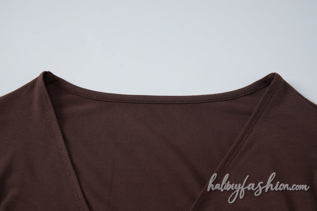 Long sleeve self tie v neck solid crop top