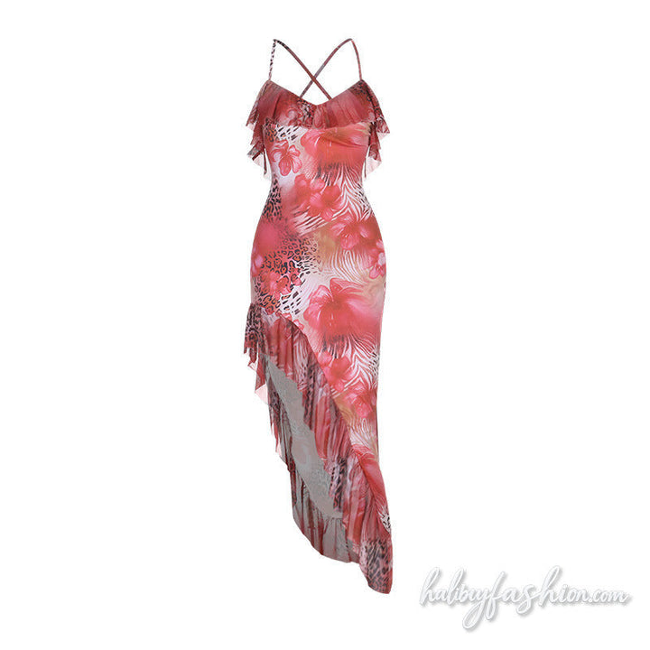 Irregular ruffle cross back self tie print cami midi dress - Halibuy