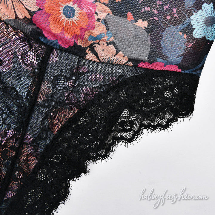Lace hem v neck flower print mesh cami bodysuit