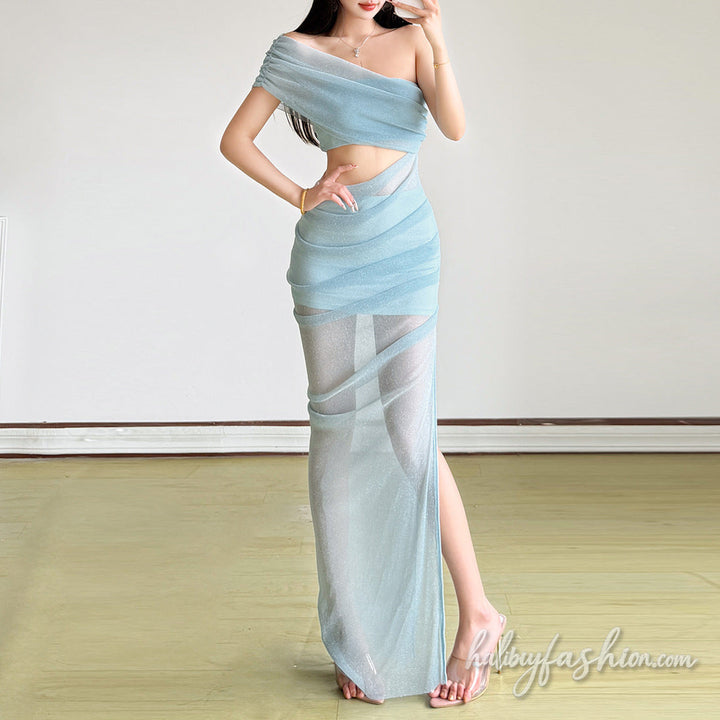 Hollow out ruched irregular slit mesh maxi dress
