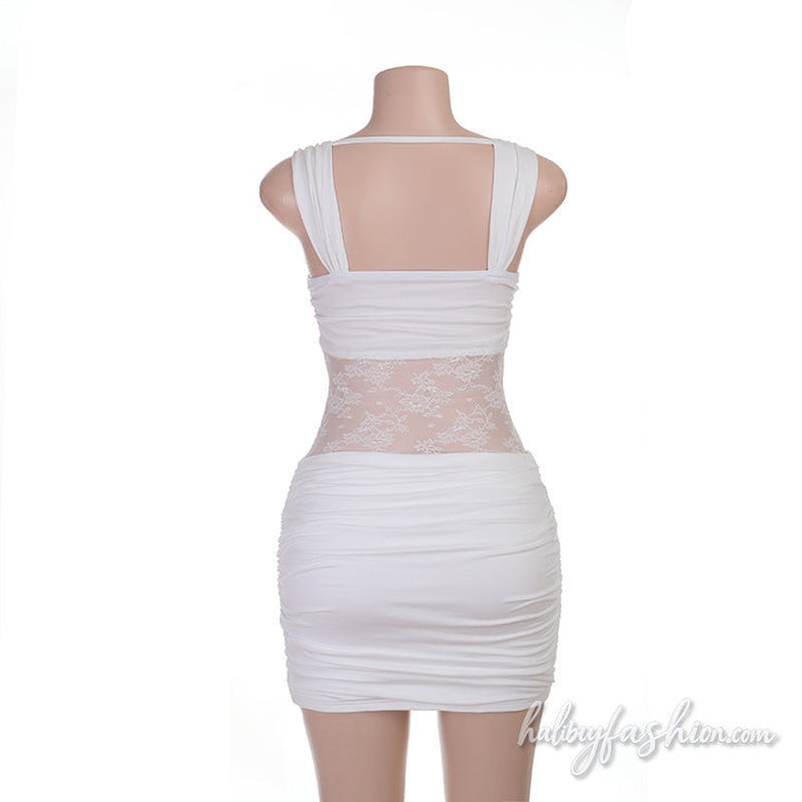 Ruched v neck lace patchwork backless mini dress