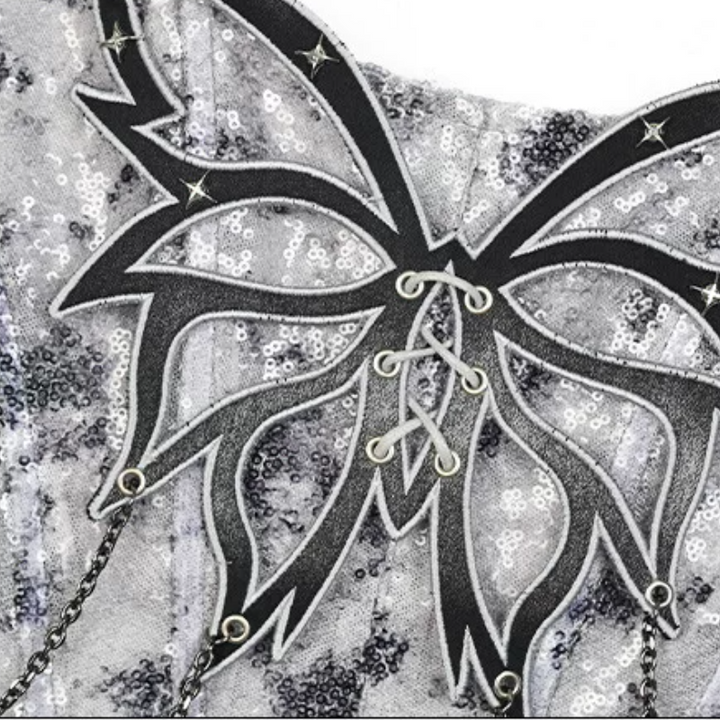 Metal chain butterfly applique glitter tube top